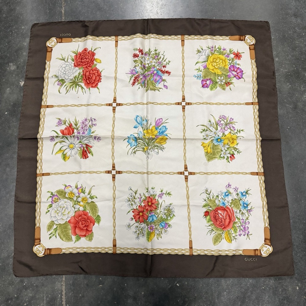 Vintage Authentic GUCCI Floral 100% Silk Brown Multicolor Scarf Made in Italy
